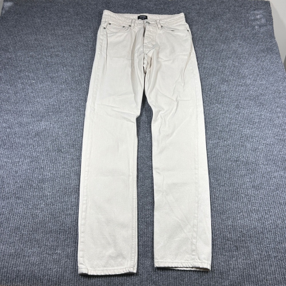 BoohooMAN Jeans Mens 30 Streetwear Straight Leg Beige Off White Button Fly